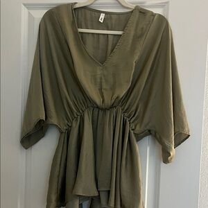 Elegant Batwing Satin Olive Women's Top Sz S